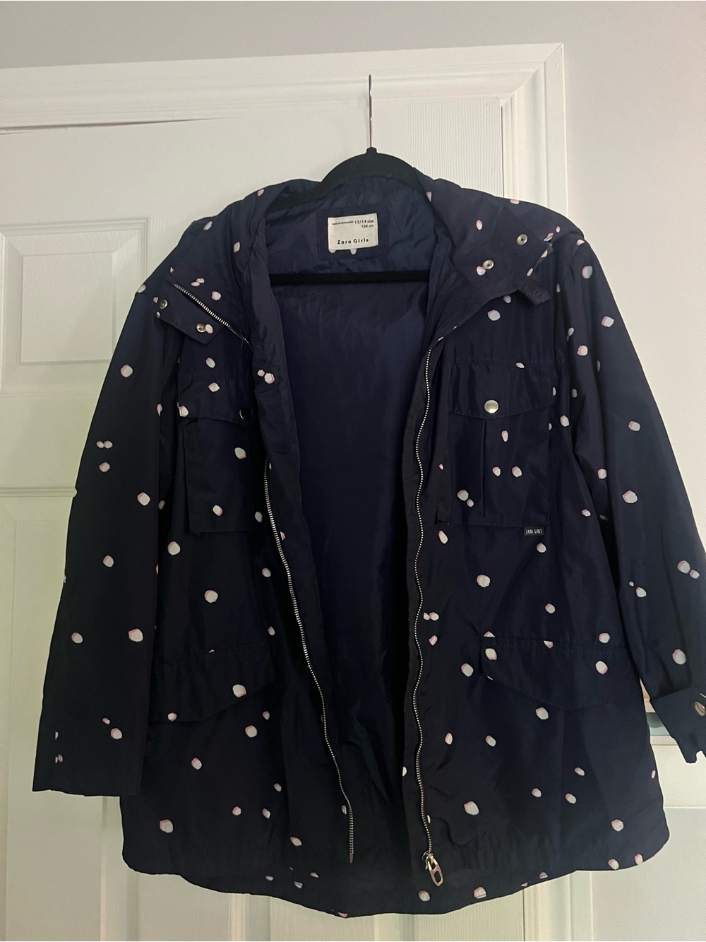 Zara Girls Navy Rain Jacket with Light Pink Dot Print